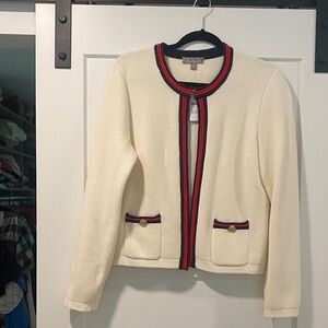 J. Crew Ivory Cardigan with Navy and Scarlet Accents